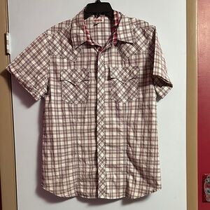 True Religion Men’s Short-Sleeve Plaid Pearl Snap Shirt - Red & White